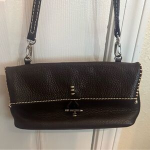 Brighton Brown Pebbled Leather Crossbody Clutch Fold Over White Stitch Bag